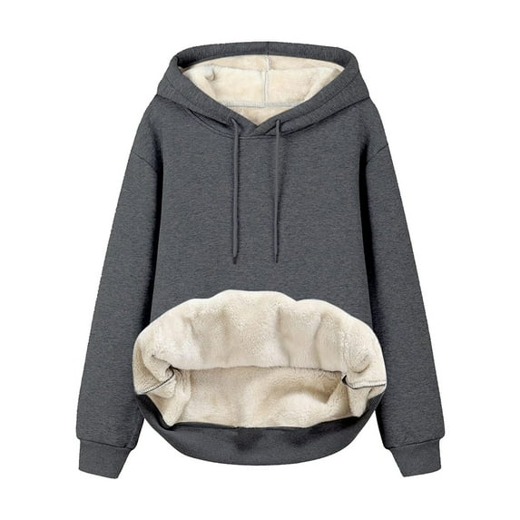 Yyeselk Womens Casual Winter Warm Fleece Sherpa Lined Hoodies Solid Color Crewneck Hooded Sweatshirts Thick Pullover Hoodie Jumper Blouse Shirt Tops Dark Gray L