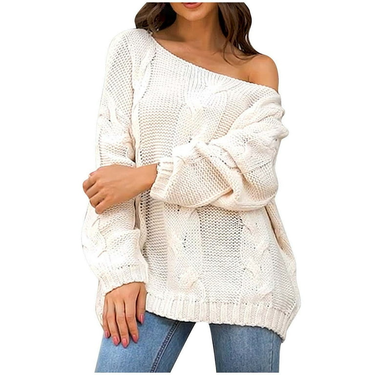 Yyeselk Womens Chunky Cable Knit Oversized Off The Shoulder Sweaters Comfortable Crewneck Lantern Long Sleeve Solid Color Loose Pullover Sweater White