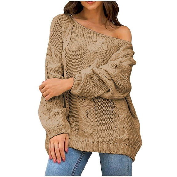 Yyeselk Womens Chunky Cable Knit Oversized Off The Shoulder Sweaters Comfortable Crewneck Lantern Long Sleeve Solid Color Loose Pullover Sweater Khaki XL