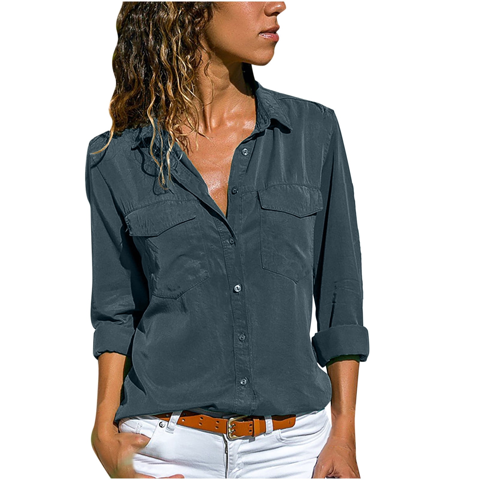 Women's Button Down Shirt, Long Sleeve Cotton Blouse, Long Jeans
