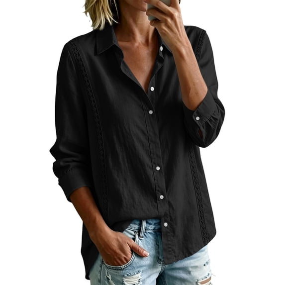 Yyeselk Womens Cotton Linen Button Down Collared Shirts 3/4 Sleeve Lightweight Cuban Guayabera Shirt Relaxed Fit Beach Vacation Tops Black XXL