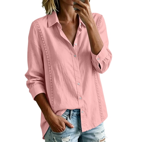 Yyeselk Womens Cotton Linen Button Down Collared Shirts 3/4 Sleeve Lightweight Cuban Guayabera Shirt Relaxed Fit Beach Vacation Tops Pink S