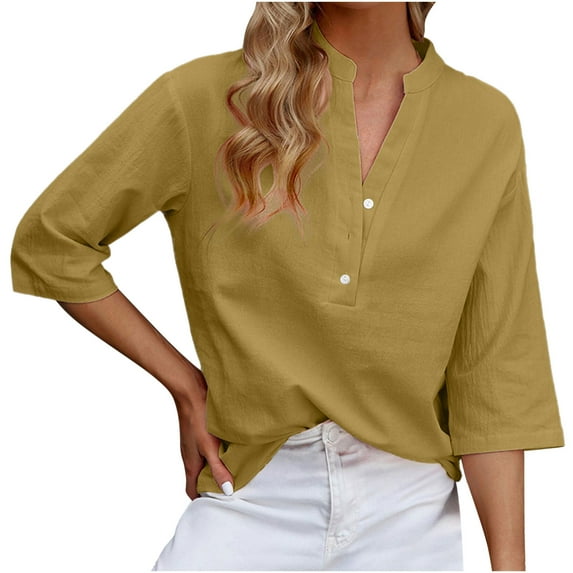 Yyeselk Womens Cotton Linen Shirts Casual 3/4 Sleeves Button up V-Neck Tunic Tops Trendy Pure Color Lightweight Ladies Fall Blouses Yellow L