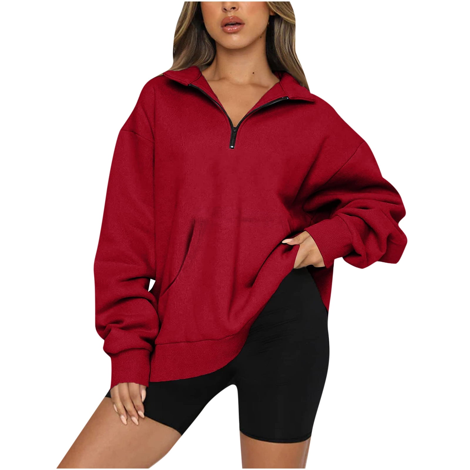 Yyeselk Womens Cropped Sweatshirts Fashion Half Zip V-Neck Long Sleeves  Pullover Fleece Hoodies 2023 Fall Clothes Trendy Outfits Red S 