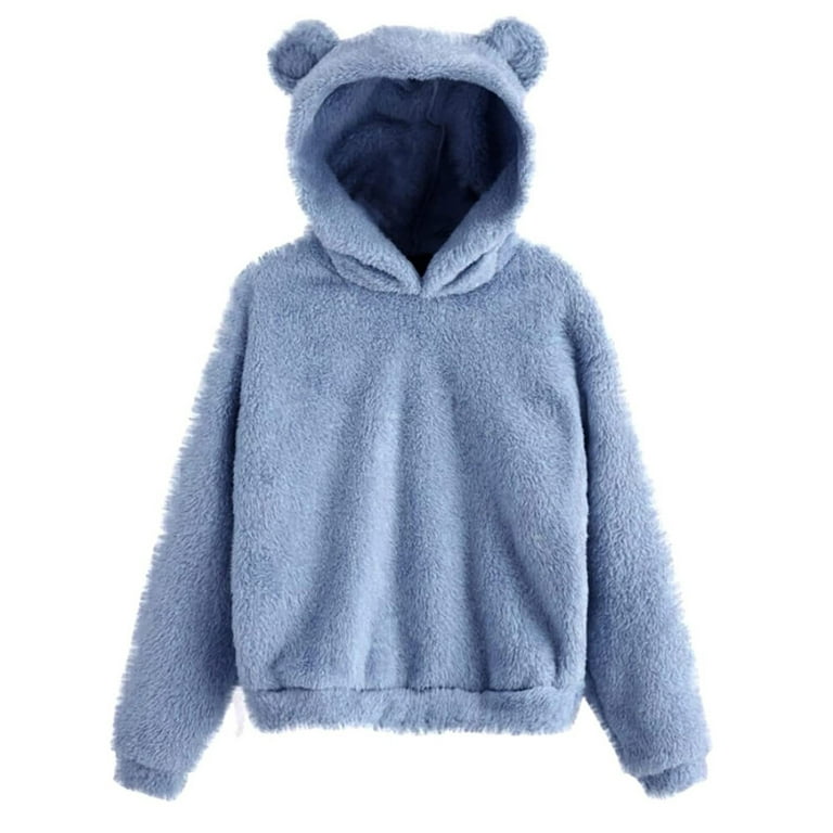 Yyeselk Womens Fleece Tunic Pullover Long Sleeves Fuzzy Sweatshirts  Oversized Fluffy Coat with Pockets Trendy Pure Color Hoodies Blue S