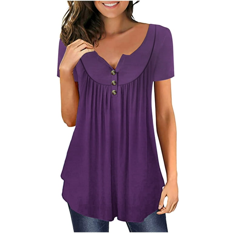 Yyeselk Womens Henley Shirt for Leggings V Neck Casual Blouse Pleated Tunic  Tops Button Summer Short Sleeve Solid Color Loose Fit Hide Belly Pullover T- Shirts Tshirt Tee Shirt, Purple XXL 