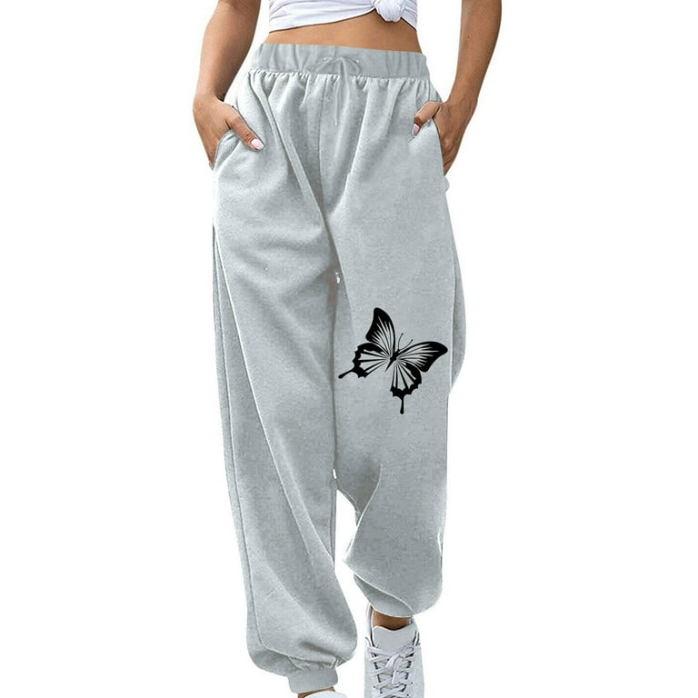 Yyeselk Womens High Waisted Baggy Sweatpants Butterfly Printed Lounge Trousers Elastic Waist Dressy Casual Comfy Ankle Loose Fit Straight Pants with Pockets Gray XL Walmart
