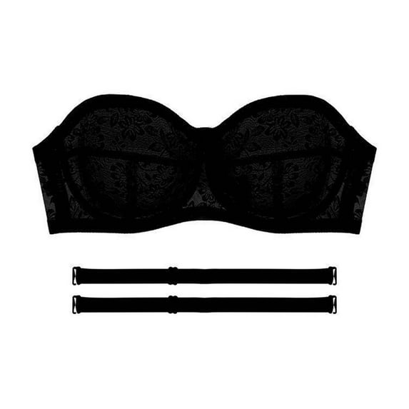 Yyeselk Womens Lace Sheer Sexy Strapless Bra No Underwire Lift Brassiere Push Up Bra Removable Straps Wireless Bandeau Bra Black XL