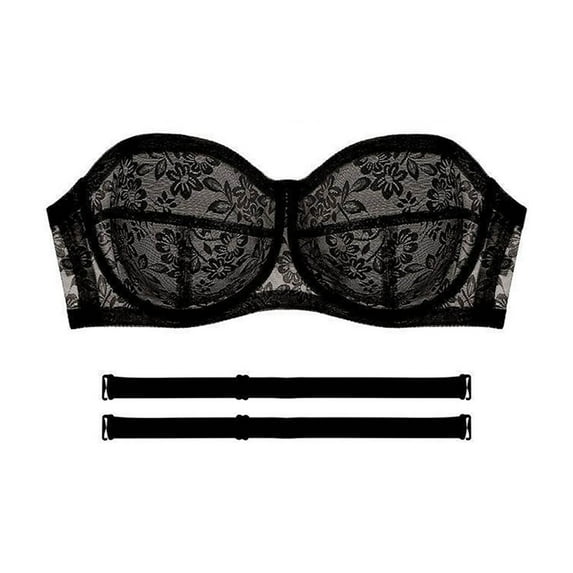 Yyeselk Womens Lace Sheer Sexy Strapless Bra No Underwire Lift Brassiere Push Up Bra Removable Straps Wireless Bandeau Bra Clear M