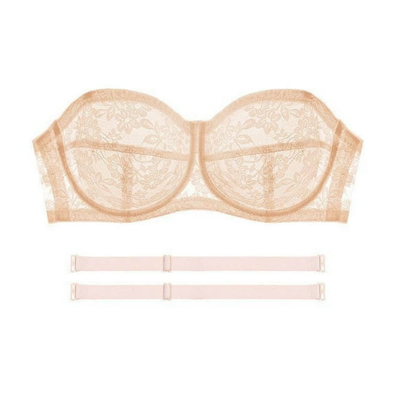 Yyeselk Womens Lace Sheer Sexy Strapless Bra No Underwire Lift Brassiere Push Up Bra Removable Straps Wireless Bandeau Bra Khaki S