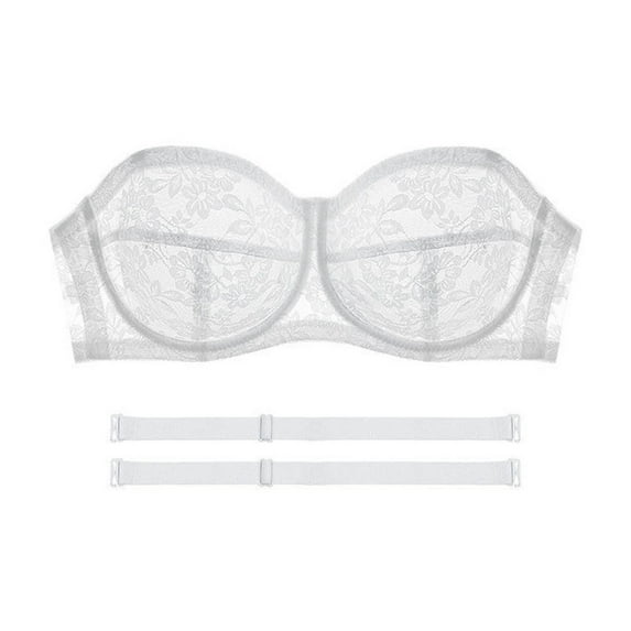 Yyeselk Womens Lace Sheer Sexy Strapless Bra No Underwire Lift Brassiere Push Up Bra Removable Straps Wireless Bandeau Bra White L