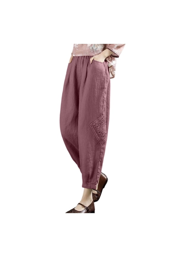 Womens Large Size (M-4XL) Cotton Linen Pants with Pockets High Waist Comfy Square Hollow Detail Pants Casual Lightweight Relaxed Fit Trousers Purple XXXL