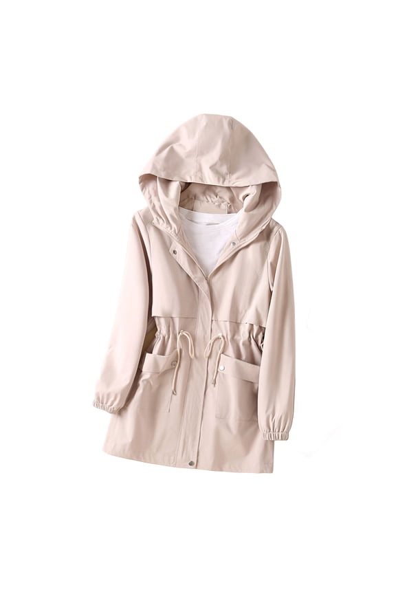 Womens Lightweight Hooded Windbreaker Full Zip Button Down Elastic Cuff Trench Coat Adjustable Drawstring Cinched Waist Jacket Outerwear with Pockets Beige M