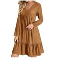 thumbnail image 1 of Yyeselk Womens Long Sleeve Casual Dresses V Neck Loose Solid Color Ruched Comfy Swing Empire Waist Ruffle Hem Flowy Knee Length Dress Brown XXXL, 1 of 6