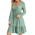 thumbnail image 1 of Yyeselk Womens Long Sleeve Casual Dresses V Neck Loose Solid Color Ruched Comfy Swing Empire Waist Ruffle Hem Flowy Knee Length Dress Mint Green XL, 1 of 6