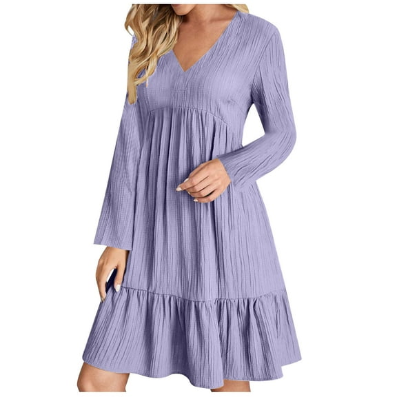 Yyeselk Womens Long Sleeve Casual Dresses V Neck Loose Solid Color Ruched Comfy Swing Empire Waist Ruffle Hem Flowy Knee Length Dress Purple XXL