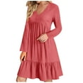 thumbnail image 1 of Yyeselk Womens Long Sleeve Casual Dresses V Neck Loose Solid Color Ruched Comfy Swing Empire Waist Ruffle Hem Flowy Knee Length Dress Red XL, 1 of 6