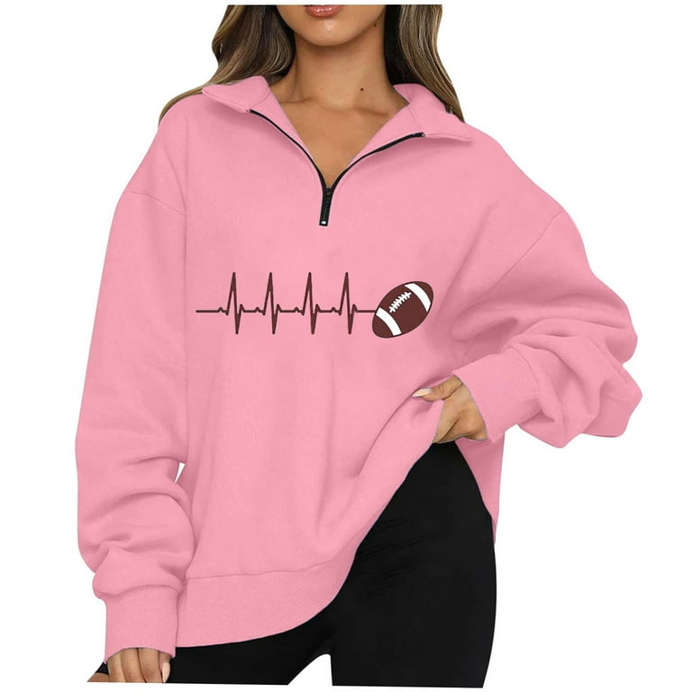 Yyeselk Womens Quarter Zip Up Fleece Oversized Sweatshirt Long Sleeve  Turndown Collar Football Printed Half Zip Comfy Sweatshirts Pullover Tops  Pink XXL 