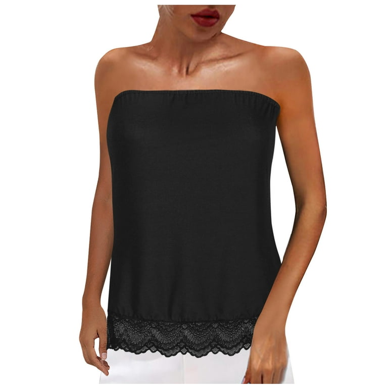 Yyeselk Womens Smooth Silk Smocked Strapless Bandeau Tank Tops Casual Pure  Color Lace Hem Design Tube Tops Comfortable Summer Fashion 2023 Black L 