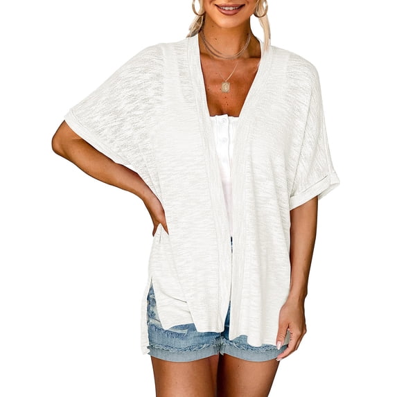 Yyeselk Womens Summer Shirts Pullover Casual Roll up Cuff Short Sleevee Irregular V-Neck Contrast Color Side Split Cardigan Cover up White XL