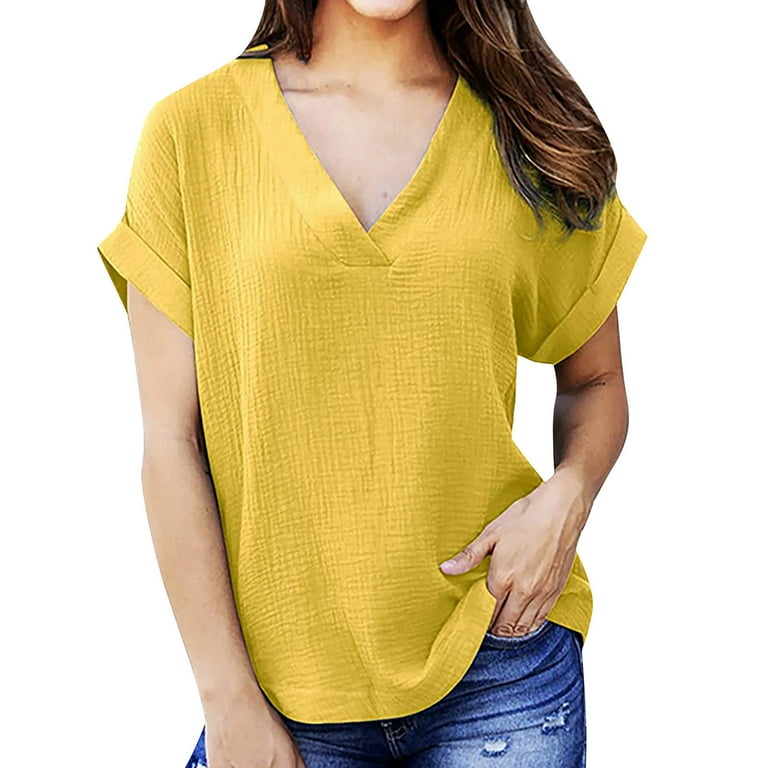 Yyeselk Womens Summer Tops Solid Color V Neck Short Sleeve Shirt