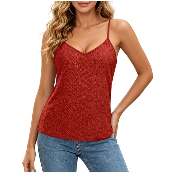 Yyeselk Womens V Neck Tank Tops Sleeveless Slim Fit Summer Camisole Adjustable Spaghetti Strap Eyelet Spring Shirts for Beach Vacation Casual Red XXL