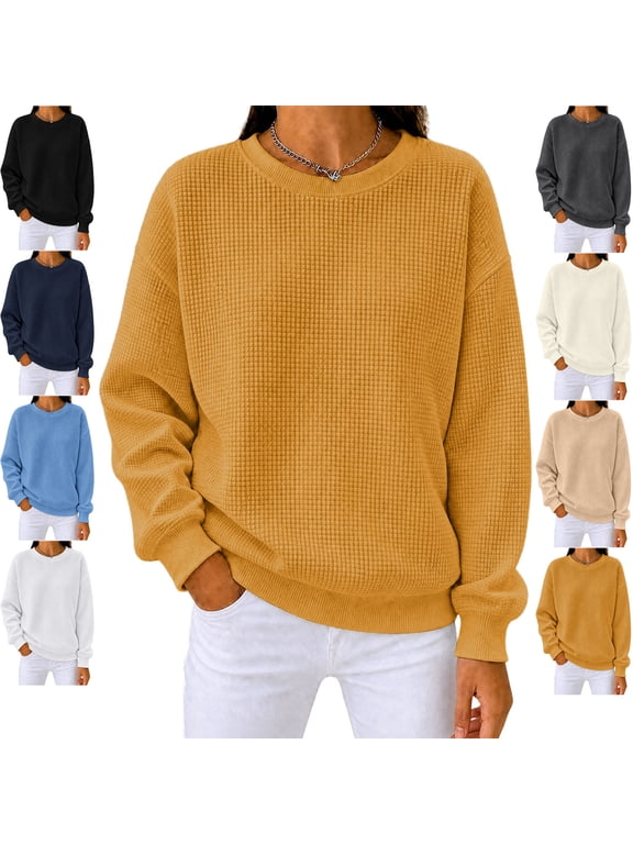 Womens Waffle Knit Tops Long Sleeve Crewneck Relaxed Fit Drop Shoulder Shirts Business Casual Blouses Basic Shirt Navy XL