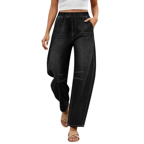 Yyeselk Womens Wide Leg Barrel Jeans High Waisted Elastic Waist Vintage Denim Pants Relaxed Fit Y2K Streetwear Cowgirl Trousers Black XL