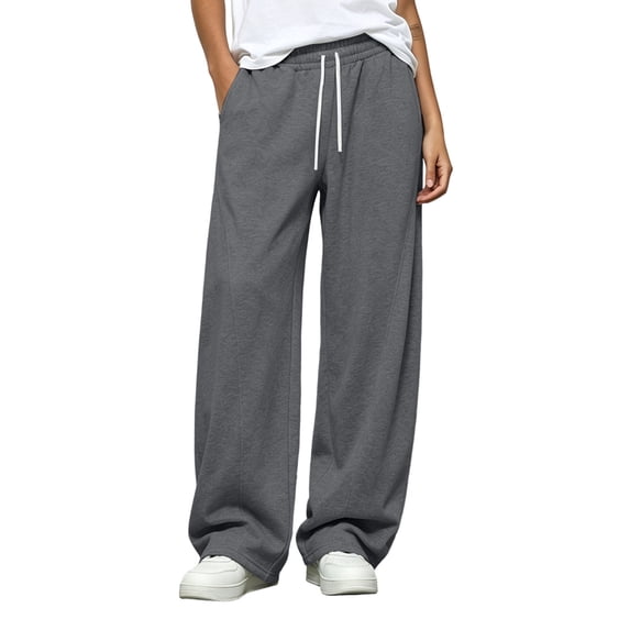 Yyeselk Womens Wide Leg Sweatpants Fall Baggy Drawstring Elastic High Waisted Joggers Lounge Pants with Pockets Dark Gray M