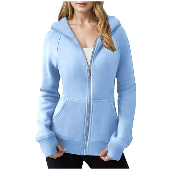 Yyeselk Womens Zip Up Hoodies Slim Fit Fleece Lined Long Sleeve Hooded Sweatshirts Jackets with Pockets Fashion Fall Winter Clothes Light Blue XL