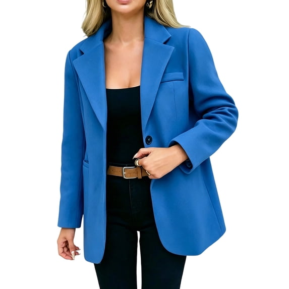 Yyeselk Wool Blend Blazers for Women Business Casual Long Sleeve Lapel Collar Open Front Suit Jacket Button Down Work Blazer with Pockets Blue S