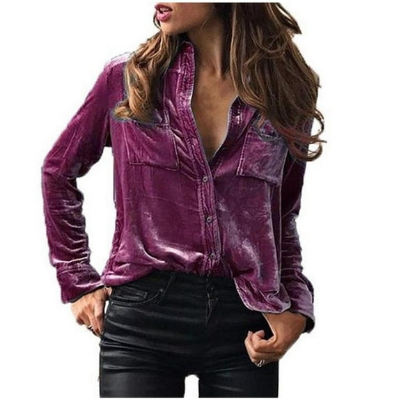 Yyeselk Work Blouses for Women Fashion 2023 Casual Long Sleeves Lapel Collar Sexy V-Neck Tunic Tops Trendy Pure Color Velvet Shirt Tees Purple XXL