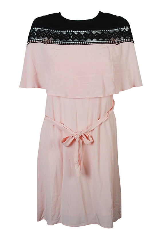 Blush Black Belted Lace-Yoke Cape Dress L
