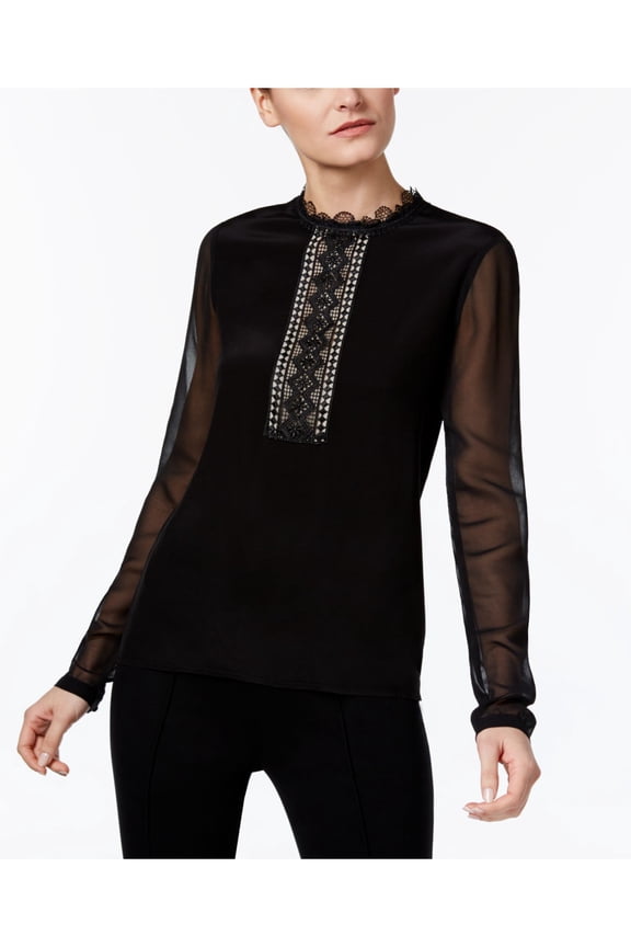 Womens Jet Black Lace-Trim Illusion Blouse S