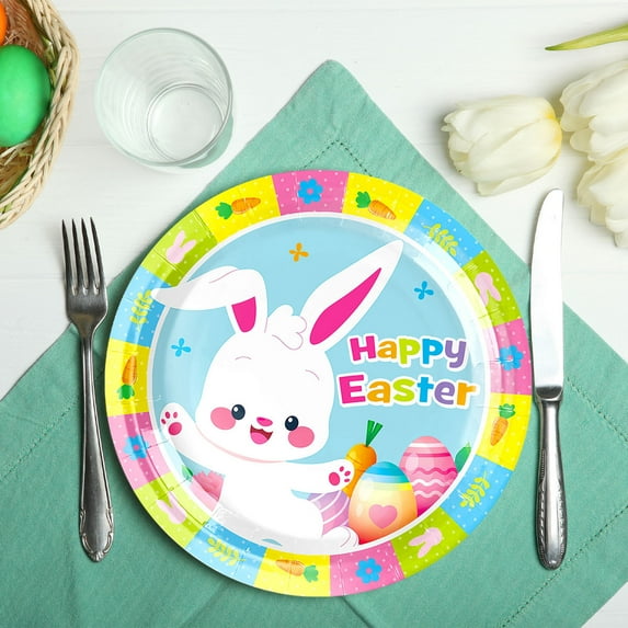 Yyuenw 10 Pcs Disposable Easter Plates Bunny Egg Shaped Disposable Paper Plates Colorful Easter Eggs Hunt Party Plates Napkins Forks for Easter Spring Party Decorations Supplies