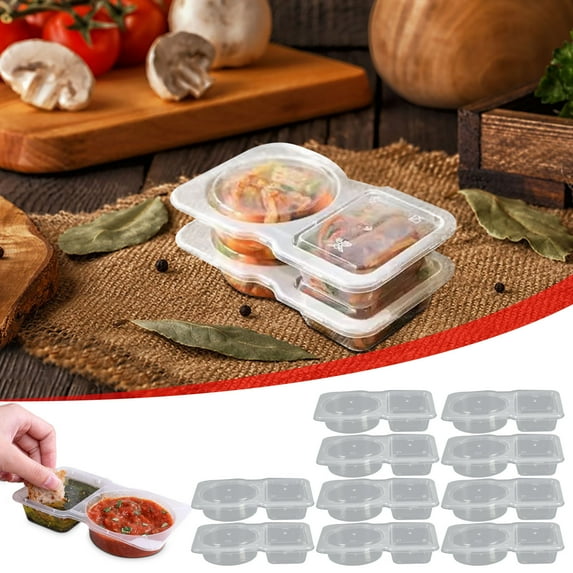 Clearance Under $5!Yyuenw 10 Pcs Double Condiment Container with Lid, Reusable Plastic Snack Containers for To-Go Sauces, Sampling, Travel Snacks, Disposable 2-Compartment Snack Cups