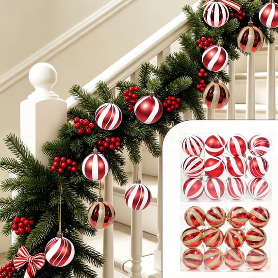 Yyuenw 12Pcs Electroplated Christmas Ball Ornaments, Red White Gold Shatterproof Plastic Baubles, Hanging Decor Set for Xmas Tree Holiday Party