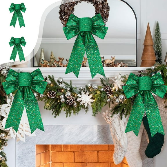 Yyuenw 2 Pieces Glitter Large Bow Ribbon Christmas Bows Hanging Holiday Xmas Bows for Christmas Wreaths Decoration or Tree Toppers Indoor Decor Party Supply