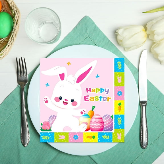 Yyuenw 20 Pcs Happy Easter Napkins Easter Decorations Party Supplies Bunny Rabbit Easter Egg Paper Napkins Happy Easter Party Supplies for Easter Spring Themed Party Supplies, 7inch