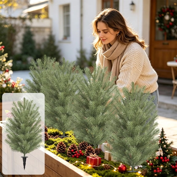 Yyuenw 3Prong Mini Pine Ground Stake Christmas Tree, 21.65Inch Artificial Green Tree Stake for Yard Lawn Garden Walkway CoveredOutdoor Xmas Holiday Decoration