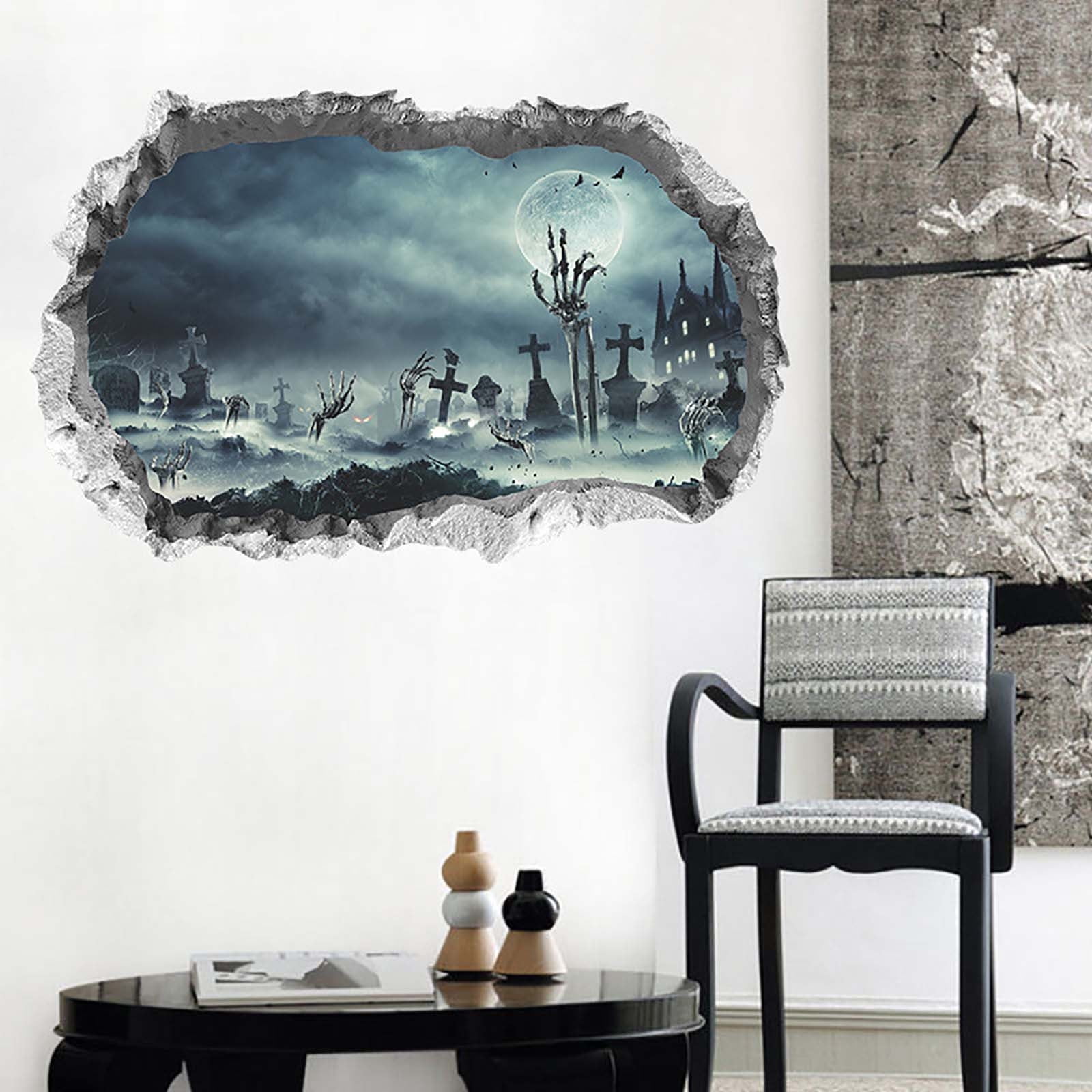 Yyuenw 3D Halloween Wall Stickers, Spooky Skeleton Hands Tombstone Wall Decor,Removable Halloween Cracked Floor Scary Decorations for Home Office Bar Pub Halloween Party Decoration