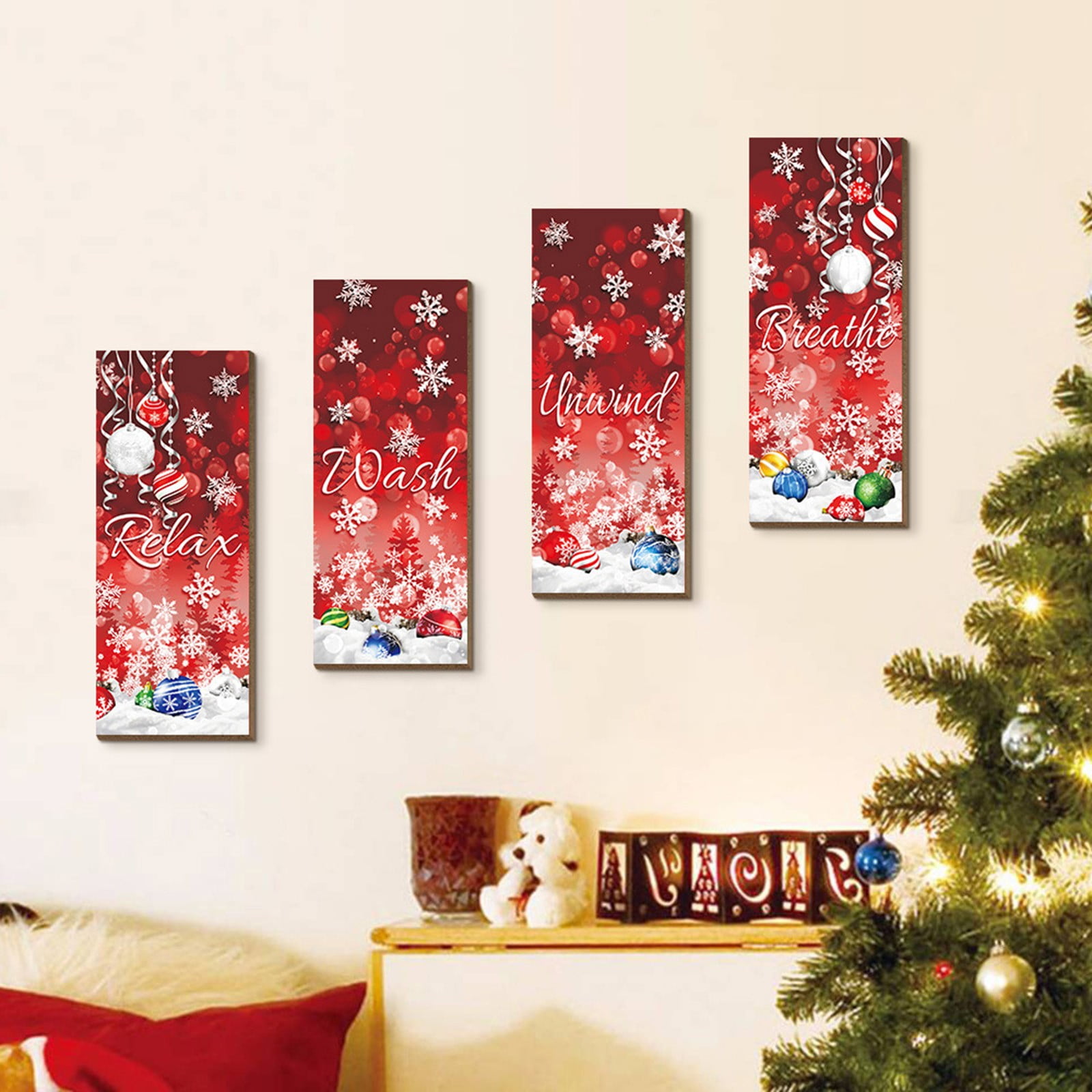 Yyuenw 4 Pcs Rustic Winter Wooden Christmas Bath Signs Wall Art Winter