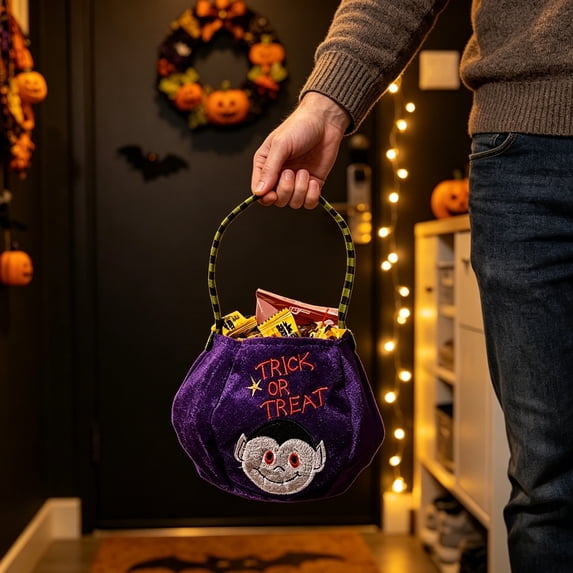 Yyuenw 4 Pcs Velvet Halloween Trick or Treat Bags, Pumpkin Witch Embroidered Handheld Candy Pouch, Reusable Color Block Handle Gift Bag for Party Festival Decor