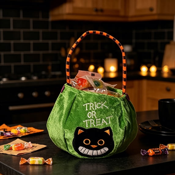 Yyuenw 4 Pcs Velvet Halloween Trick or Treat Bags, Pumpkin Witch Embroidered Handheld Candy Pouch, Reusable Color Block Handle Gift Bag for Party Festival Decor
