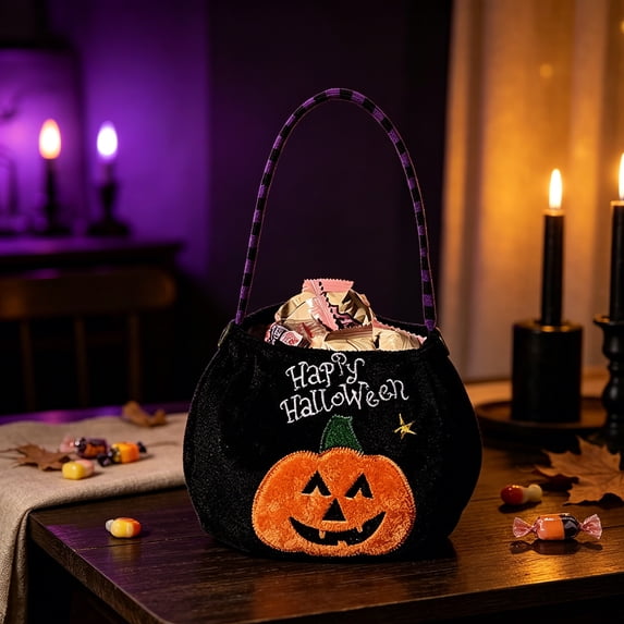 Yyuenw 4 Pcs Velvet Halloween Trick or Treat Bags, Pumpkin Witch Embroidered Handheld Candy Pouch, Reusable Color Block Handle Gift Bag for Party Festival Decor