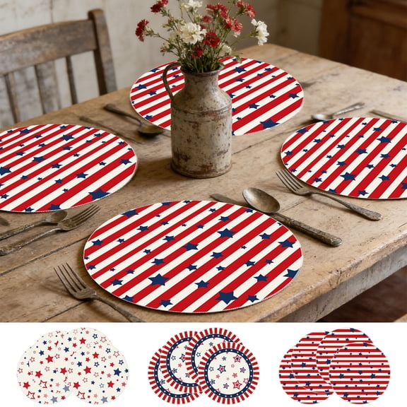 Yyuenw 4Pcs Round Patriotic Placemats, 14 Inch Independence Day Table Decor for Home, Parties, and 4th of july Decorations