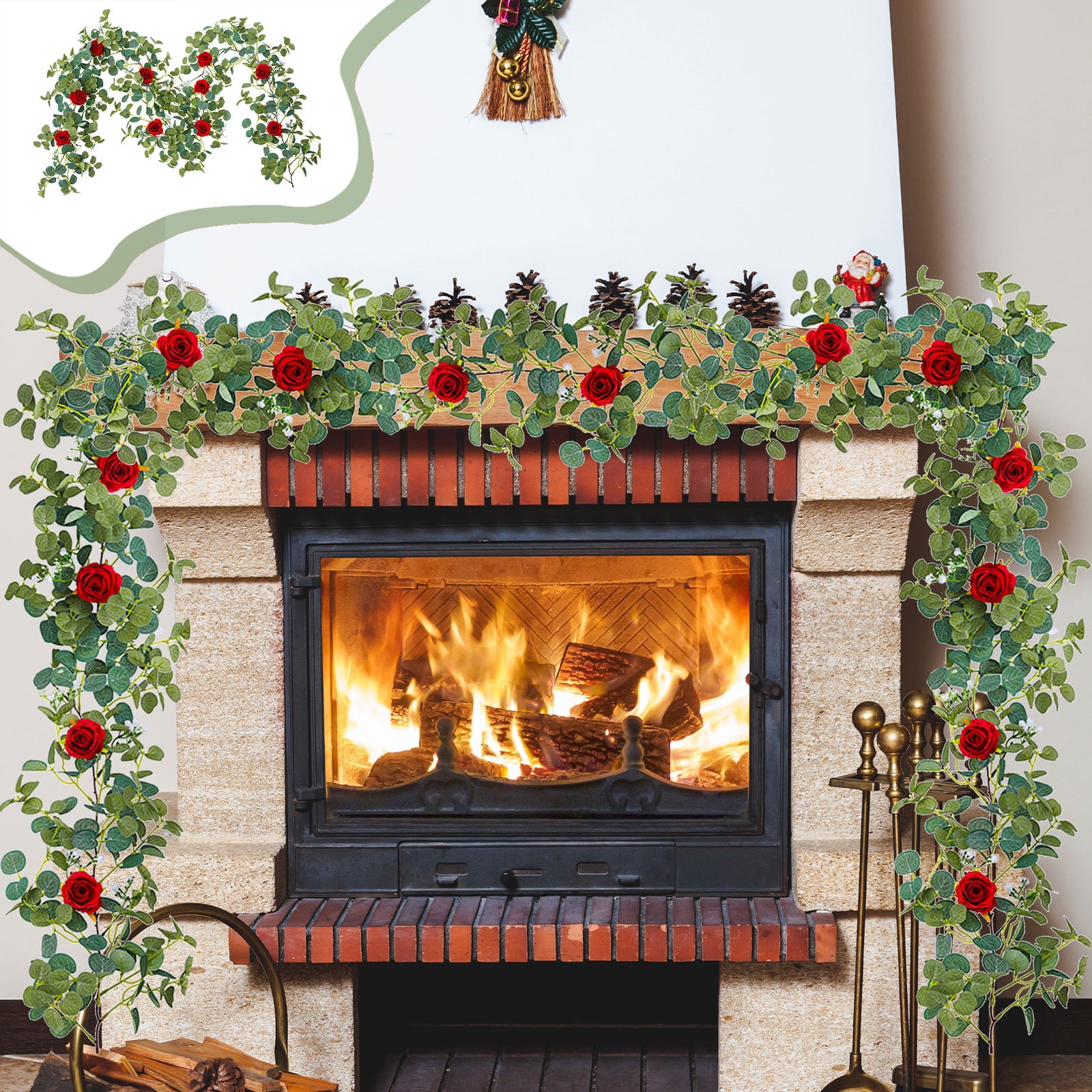 Der Rose 2Pcs Artificial Eucalyptus Flower Garland With Fake Rose Flower Vine Seeded Eucalyptus Leaves Greenery Garland Wedding Table Runner Backdrop Part - View #8