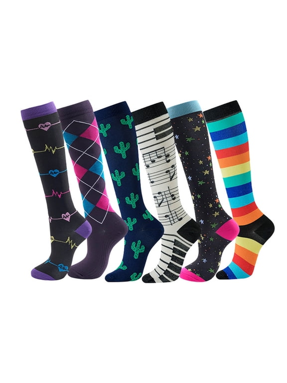 6-Pack Graduated Compression Socks for Women, Patterned Knee High Socks for Standing long time,Daily,Sports,Work