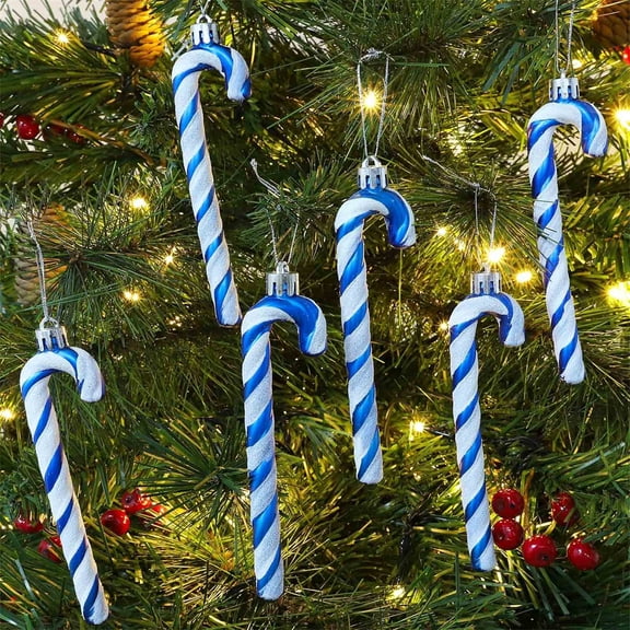 Yyuenw 6 Pcs Christmas Decoration Stripes Plastic Christmas Glitter Candy Cane Ornaments Christmas Tree Ornament Ball Hanging Xmas Decor