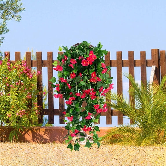 Clearance Under $5!Yyuenw Artificial Hanging Flowers Fake Morning Glory Silk Floral Bush Faux Hanging Plants Outdoor Fake Flowers for Home Porch Garden Balcony Decoration